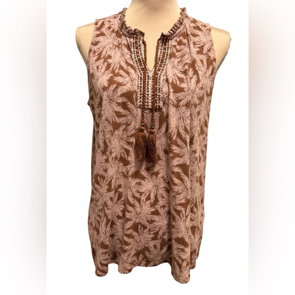 J Jill Bellissima Tasseled Top Peasant Blouse Tassel Split Neck Floral Sz Medium - Picture 2 of 11